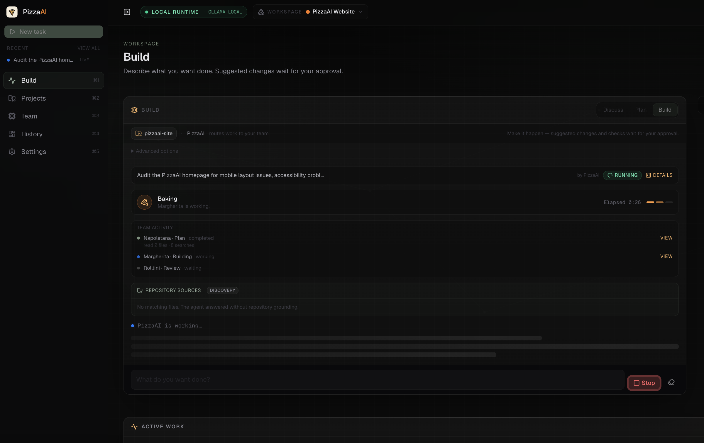 PizzaAI task workspace showing active agents and project context