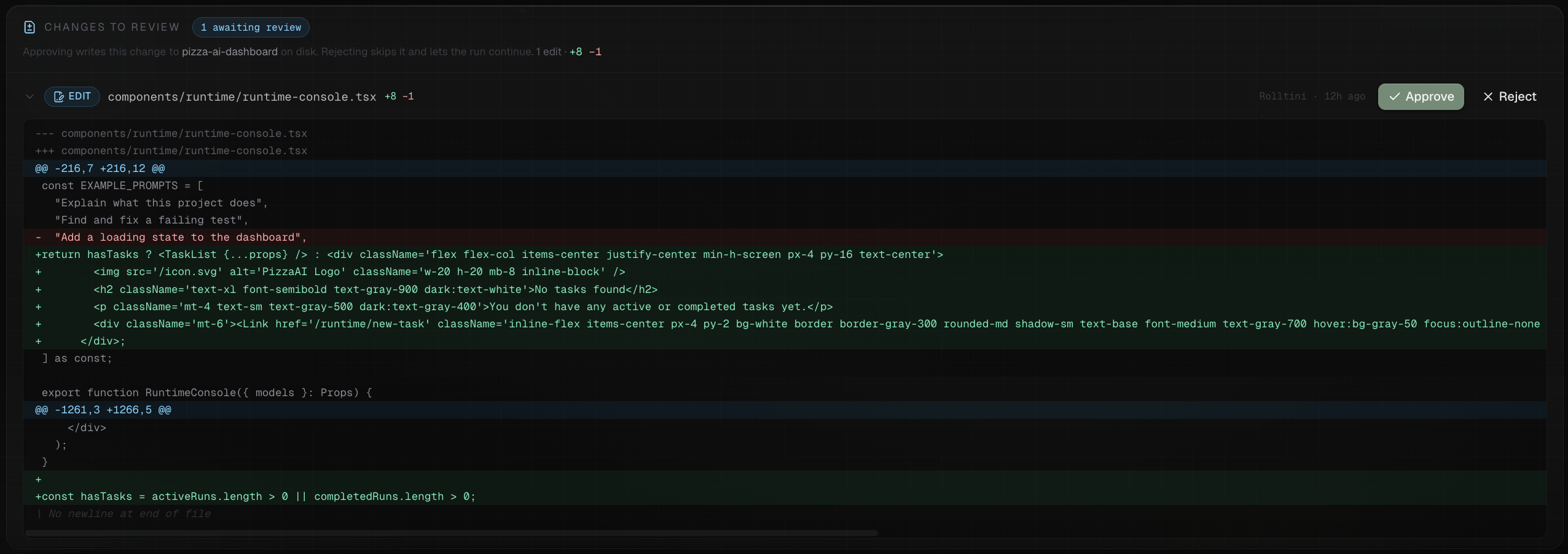 PizzaAI approval review with changed files and approval controls