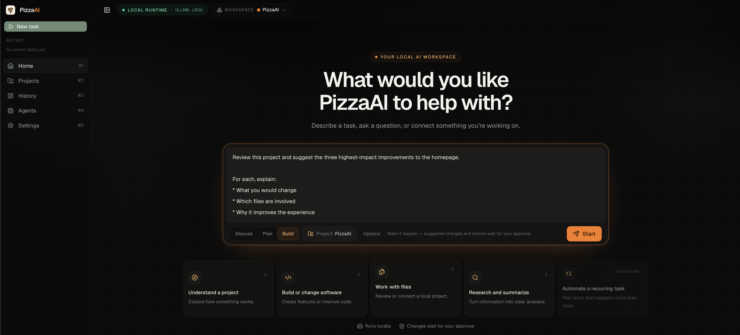 The PizzaAI home screen with a multi-line request typed into the composer in Build mode
