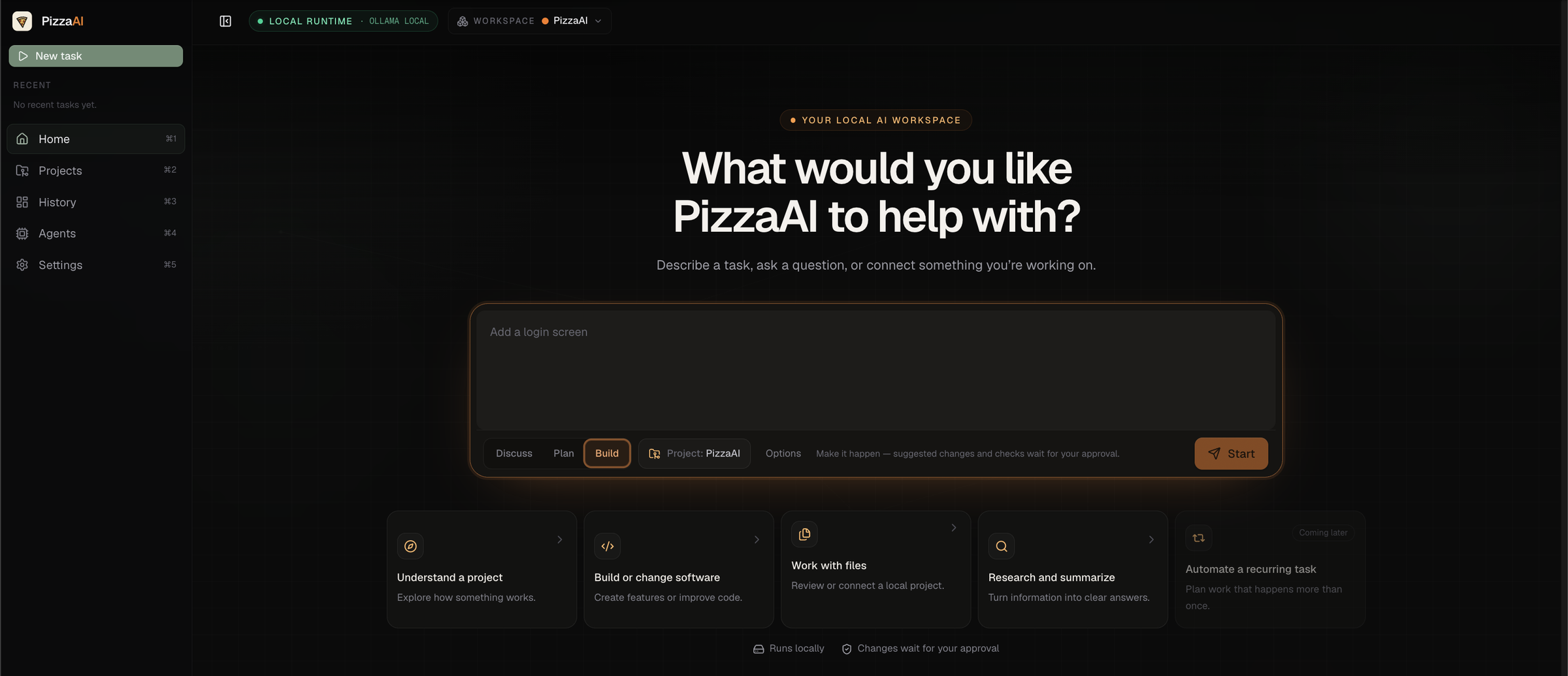 The PizzaAI home screen running on a local Ollama runtime, with a task composer set to Build mode