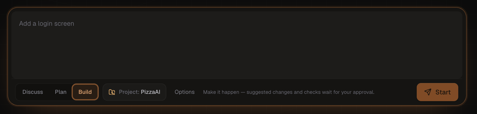 PizzaAI task composer in Build mode, with suggested changes held for approval