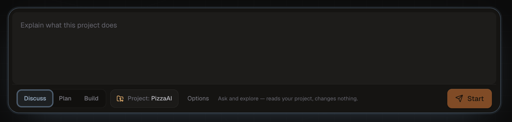 PizzaAI task composer in Discuss mode, reading the project without changing it