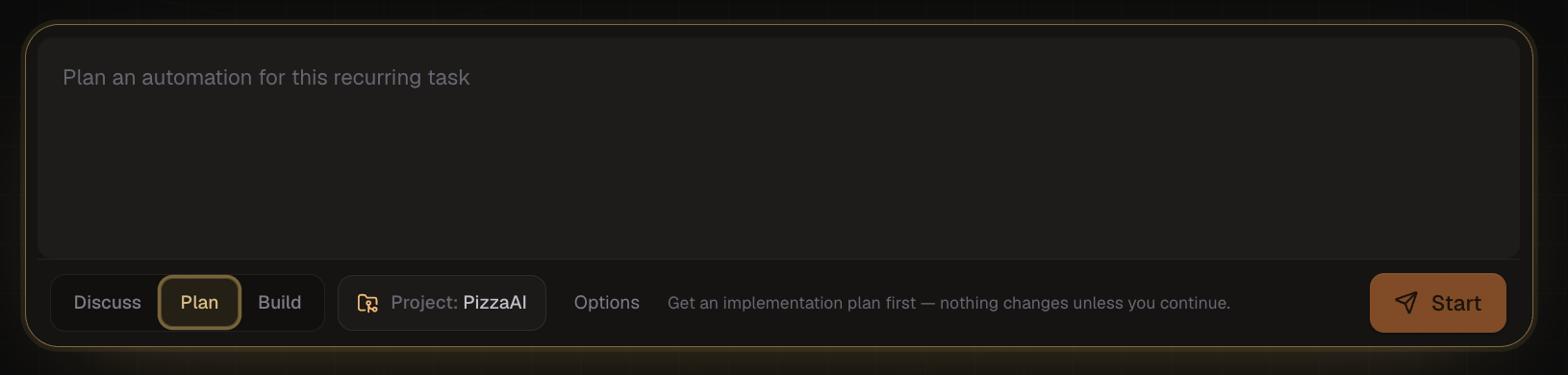 PizzaAI task composer in Plan mode, proposing an approach before any work begins